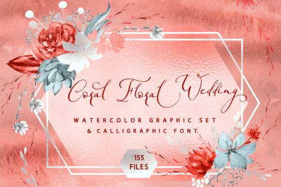 Coral Floral Wedding Graphic Font and Big Watercolor Graphics Pack for Trendy Living Coral Color